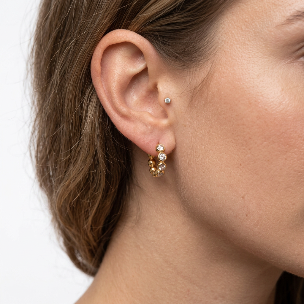 PENDIENTES DE ACERO DORADO AROS CIRCONITAS Y BOLITAS
