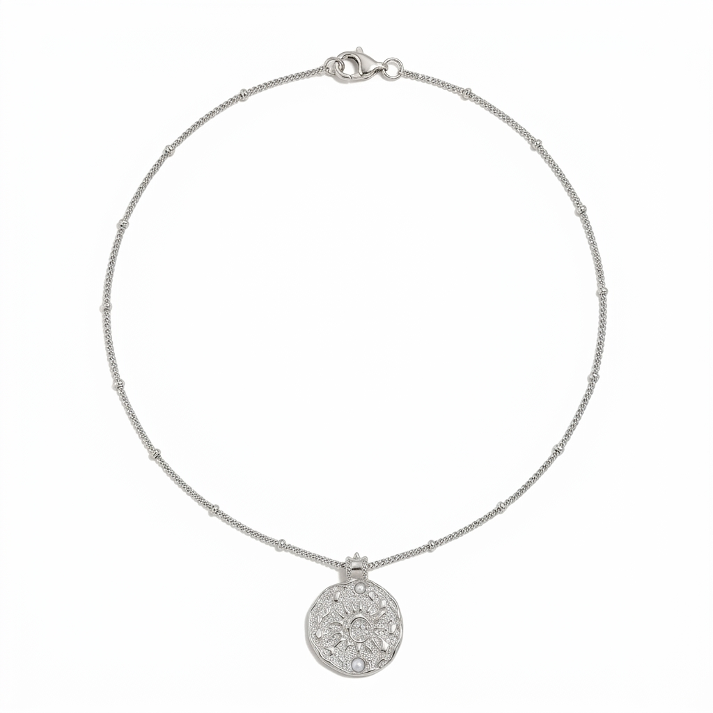 COLLAR DE ACERO MEDALLÓN SOL CON PERLAS