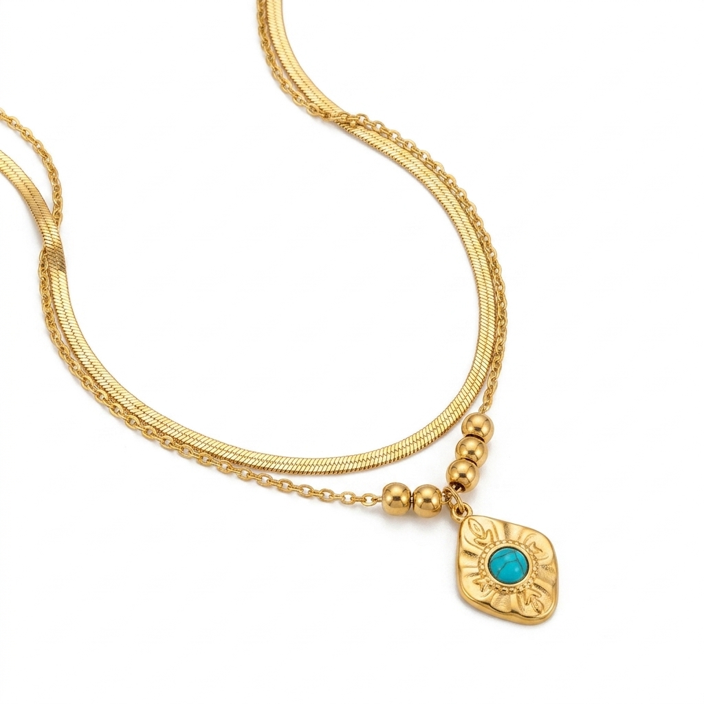 COLLAR DE ACERO DORADO MEDALLÓN TURQUESA