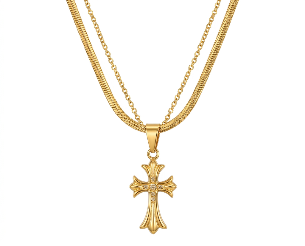COLLAR DE ACERO DORADO CRUZ GÓTICA