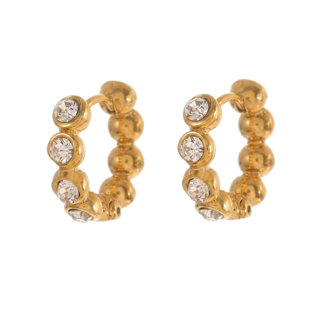 PENDIENTES DE ACERO DORADO AROS CIRCONITAS Y BOLITAS